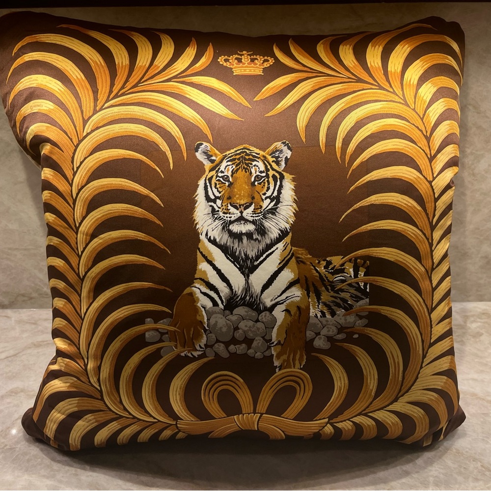Hermes Brown and Gold Vintage Silk Scarf Pillow